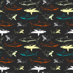 Abstract seamless vector underwater pattern for girls, boys, clothes. Creative background with sharks. Funny wallpaper for textile and fabric. Fashion style. Colorful bright