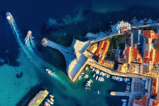 Dudrovnik, Croatia. Aerial view on the old town. Vacation and adventure. Town and sea. Top view from drone at on the old castle and azure sea. Travel - image