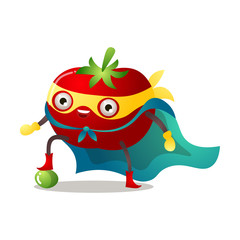 Red ripe tomato in traditional costume of superhero vector illustration