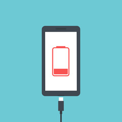 Mobile smartphones charging. Phone with a low battery charge and with USB connection. Flat style vector illustration