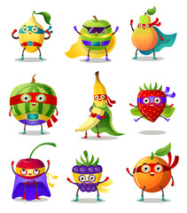 Set of funny superhero humanized characters fruit and berry in masks and capes. Vector illustration in flat cartoon style.