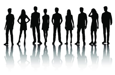Vector silhouettes of  men and a women, a group of standing business people with shadow, black color isolated on white background