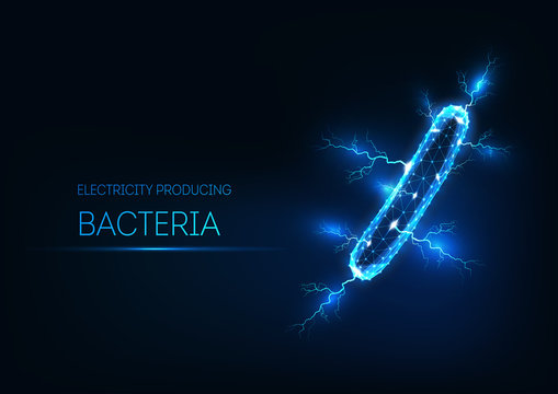 Futuristic glowing low polygonal electricity producing bacteria isolated on dark blue background.