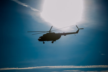 Military helicopter flying during exercise