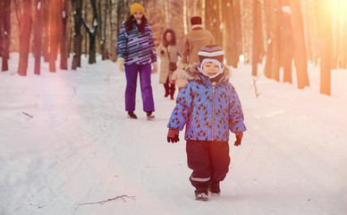 Winter park under the snow. January morning walk through the forest. Family walk in the winter park.