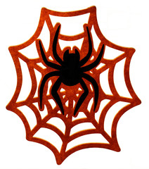 Black spider on red web isolated over white background. 