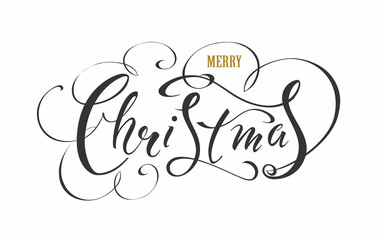 Merry Christmas. Vector text Calligraphic Lettering design card template with snowflakes. Creative typography for Holiday Greeting Gift Poster. Calligraphy Font style Banner.