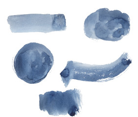 Set of hand drawn watercolor indigo-blue stains, textured decorative elements for banners, posters,...