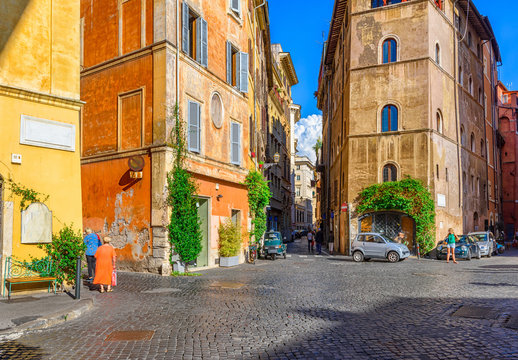 View of old narrow street in Rome, Italy. Architecture and landmark of Rome. Cozy cityscape of Rome. © Ekaterina Belova