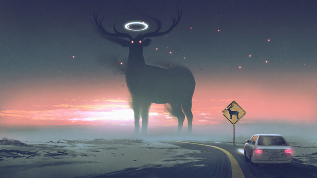 a legendary creature concept showing a car running into animal zone, the giant deer with glowing halo on the road, digital art style, illustration painting..