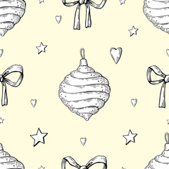 Vector image of Christmas toys, hearts and stars on a beige background