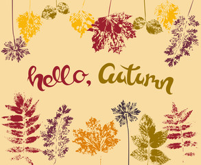 Design of autumn banner, postcard, print with ink color stamps of different leaves and handwritten lettering