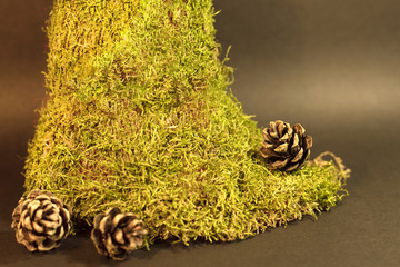 Christmas background with cones and a decorative Christmas tree made of moss.