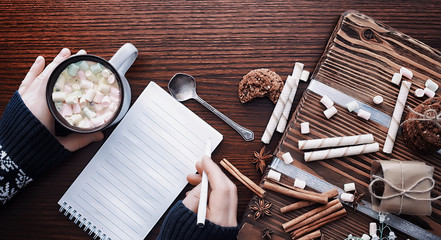 Winter breakfast. A cup of hot chocolate with marshmallows and freshly baked cookies. Gingerbread cookie and coffee.