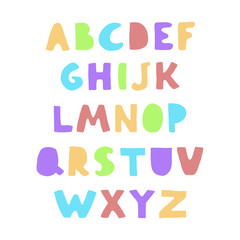 Vector cute colorful alphabet for kids. Can be used as elemets for your design for greeting cards, nursery, poster, card, birthday party, packaging paper design, baby t-shirts prints