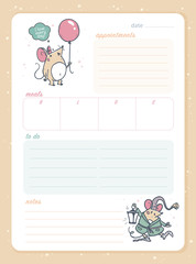 Daily planner page design template, calendar for children. Cute hand drawn little mice characters. To do list flat lay, pastel colors, hand drawn style. Time management equipment. Vector illustration.