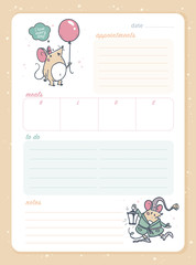 Daily planner page design template, calendar for children. Cute hand drawn little mice characters. To do list flat lay, pastel colors, hand drawn style. Time management equipment. Vector illustration.