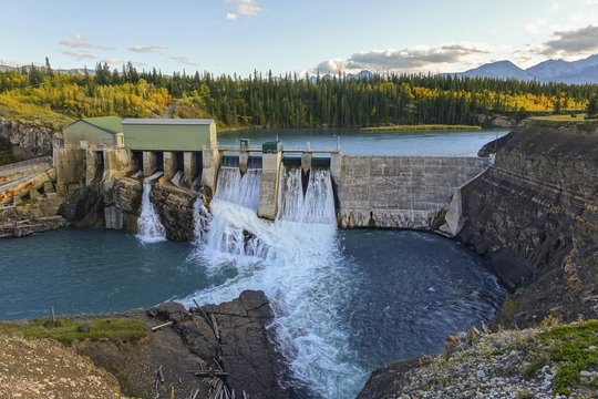 Horseshoe Falls Dam at Bow River, Rocky Mountains Foothills west of Calgary.  Massive Concrete Structure was the first sizeable hydroelectric facility in Alberta, Canada