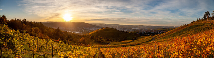 Autumn sunset view of Stuttgart sykline overlooking the colorful vineyards. The iconic Fernsehturm...