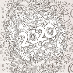 2020 hand drawn doodles contour line illustration. New Year poster.