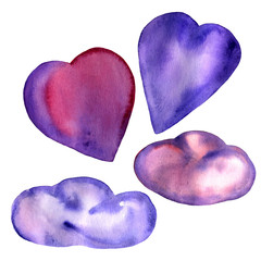 Watercolor hand painted elements on theme of St. Valentine’s Day: violet hearts and clouds.