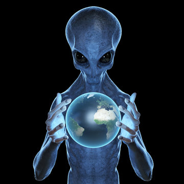 3d rendered medically accurate illustration of a grey alien holding the earth