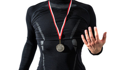 The athlete is happy with the silver medal, second place. Player happy to win a silver medal. The...