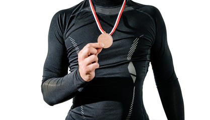 The athlete enjoys the bronze medal, third place. Player happy to win a bronze medal. The concept...