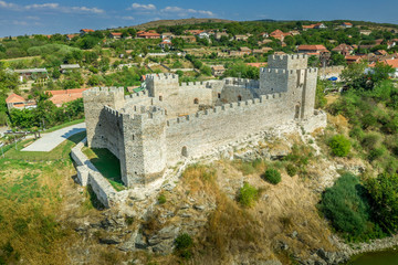 Aerial panorama view of newly restored Ram castle former Turkish stronghold on the bank of the river Danube in Serbia former Yugoslavia