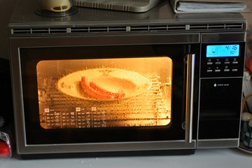 Sausages heated in a steam oven.