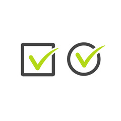 Check mark icon square and round boxes vector set. Sign of confirmed check mark and positive check mark. Stock Vector illustration isolated on white background.