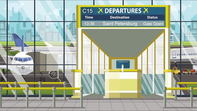 Airport departure board with Saint Petersburg caption. Travel in Russia related loopable cartoon animation