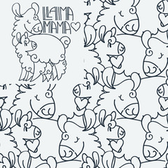 Llama Mama. Seamlees pattern with cute fluffy alpacas. Funny smiling cozy animals.