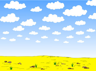 Summer background vector illustration. Cartoon summer beach, sky, cloudsand sand. Summer landscape for background and wallpaper - Vector