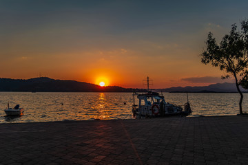 Seascape dawn over sea shore landscape paradise evening