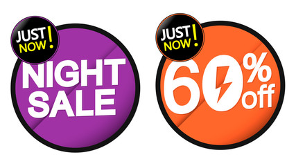 Night Sale 60% off, banners design template, flash discount tags, vector illustration