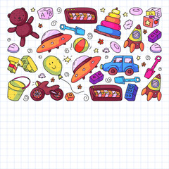 Vector pattern with kindergarten, toy children. Happy children illustration. Drawing on squared notebook.