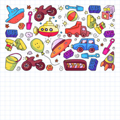 Vector pattern with kindergarten, toy children. Happy children illustration. Drawing on squared notebook.