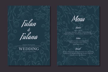 wedding invitation cover set with beauty floral tulip flower abstract doodle hand drawn style ornament decoration background mockup elegant template vector illustration vintage frame