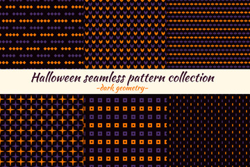 Halloween seamless pattern collection. Holiday backgrounds set. Print kit in traditional colors. Vector digital paper.