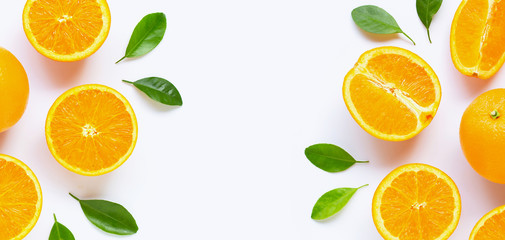 Fototapeta na wymiar Fresh orange citrus fruit with leaves isolated on white background.