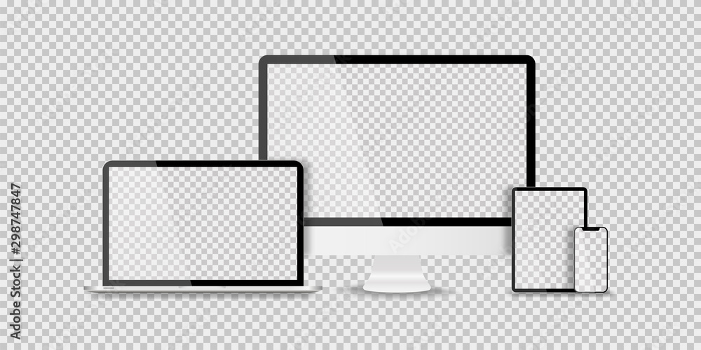 Fototapete devices in realistic trendy design on transparent background. set of computer laptop tablet and smar