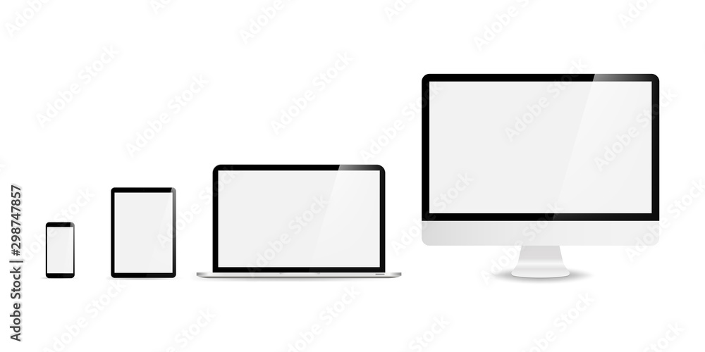 Fototapete devices in realistic trendy design on white background. set of computer laptop tablet and smartphone