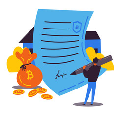 Block chain contract.Buying a house through a smart contract.Man holds a pen and signs a smart contract to buy a house.An innovative contract.Payment by bitcoins.Vector illustration