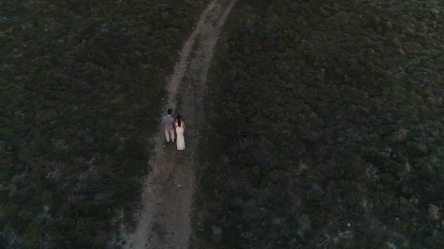 Couple Walking on Grass Road Aerial View