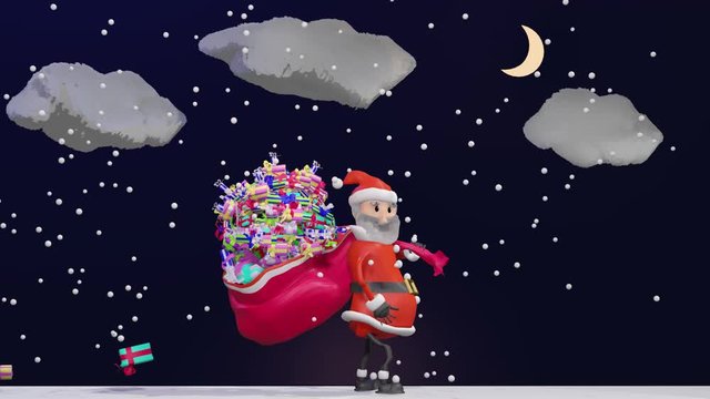 Santa Claus carries a bag with gifts, losing boxes on the way. Merry Christmas and Happy New Year 2020 animation.