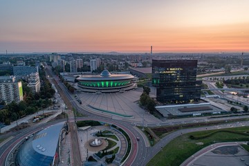 Aerial drone view on Katowice at early morning. Katowice in capital and the largest city of Silesia voivodeship.