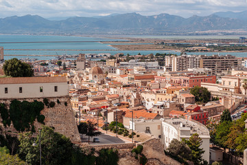 Fototapeta na wymiar CAGLIARI, ITALY /OCTOBER 2019: Areal panoramic view of the old city