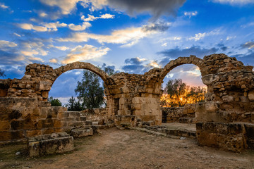 The Byzantine Saranta Kolones, Forty columns castle, ruined archs in a sunset time, Kato Paphos,...