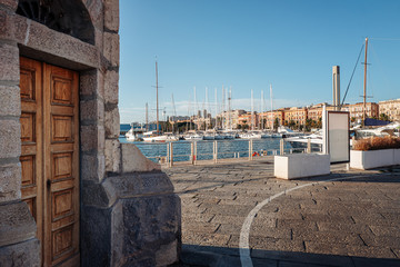 CAGLIARI, ITALY /OCTOBER 2019: view of the port st sunset